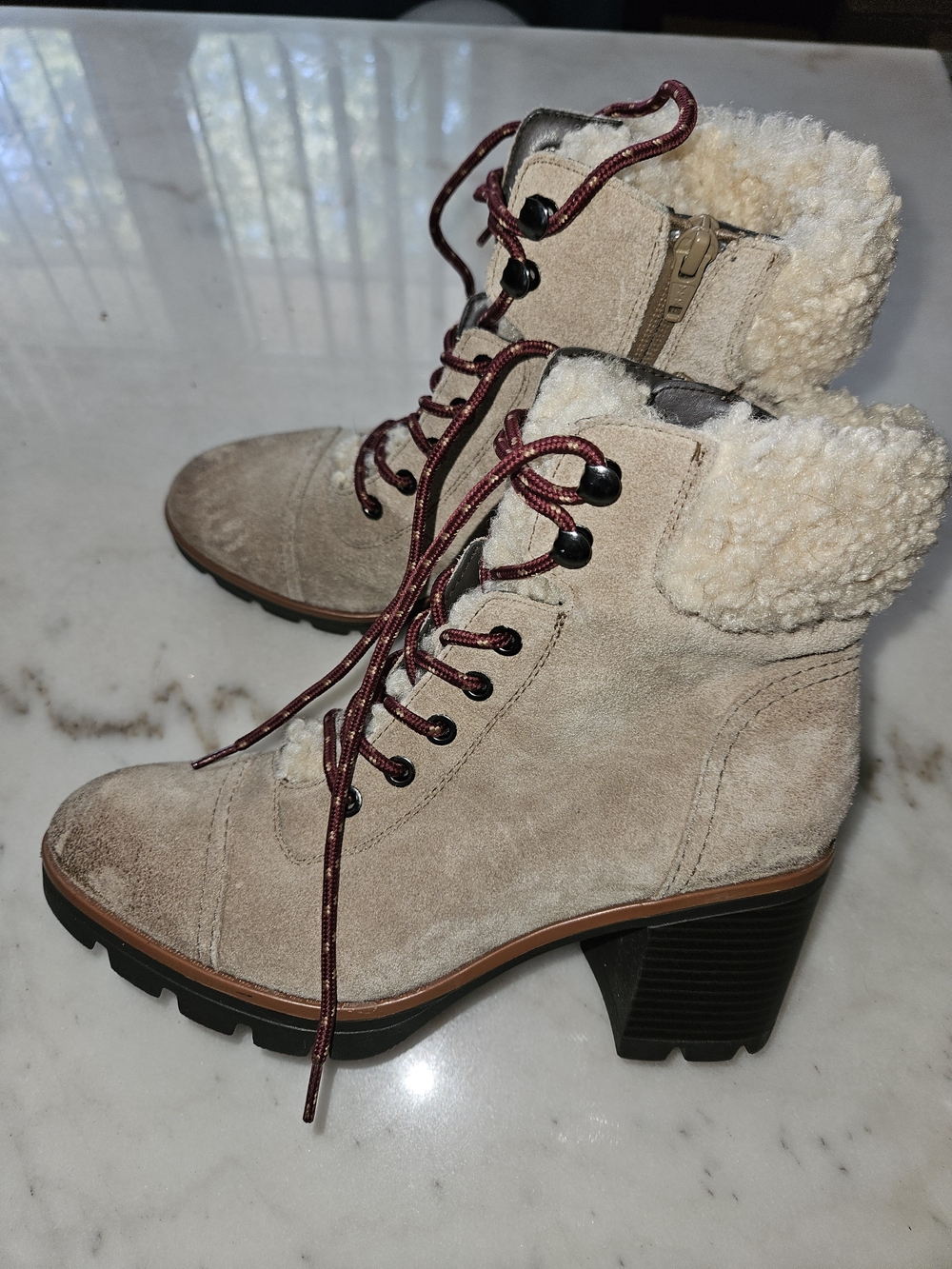 Naturalizer Women’s Lace-Up Sherpa Ankle Boots in Beige